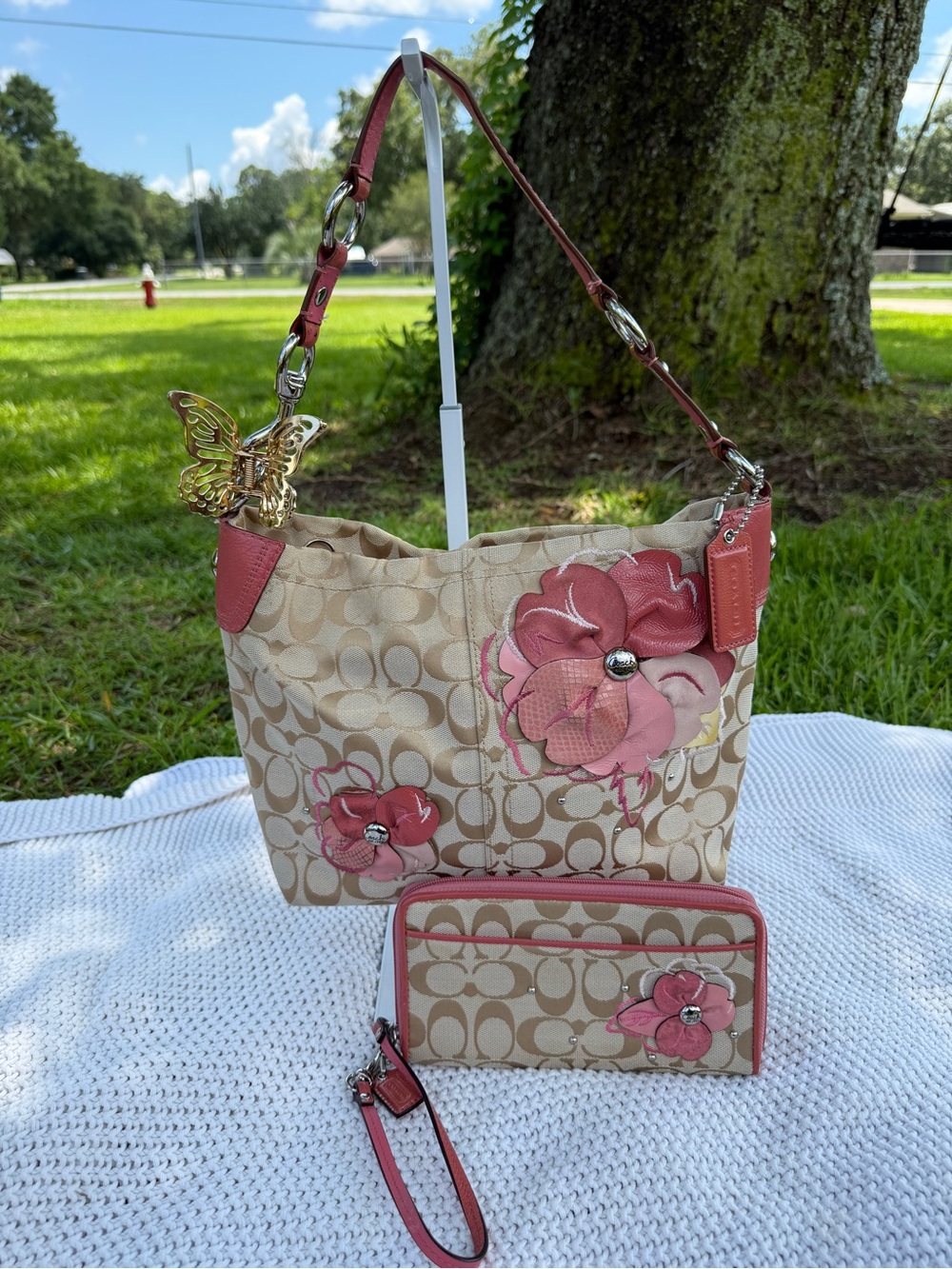 Coach Pink Signature Canvas Bleecker Floral Carly Hobo Bag and Wallet Set